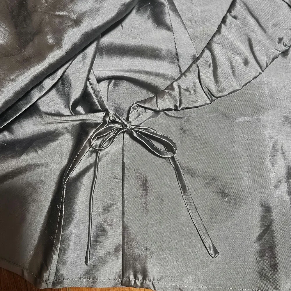 Sunny Taylor Silk Wrap Top Blouse Gray Size‎ 6 Long Sleeve Ruffle Tie